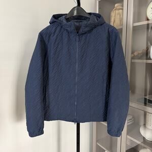 FENDI Blouson Monogram Navy Hooded Jacket 50 Cotton Nylon FF Logo Blue Full Zip